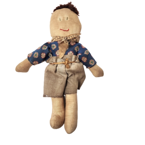 Antique Embroidered Handmade Handstitched Stuffed Handsewn Farmers Boy Doll - Picture 4 of 12